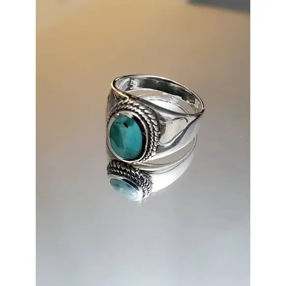 Genuine Turquoise Men's Ring, Sterling Silver 925 Stamped Ring, Signet Band